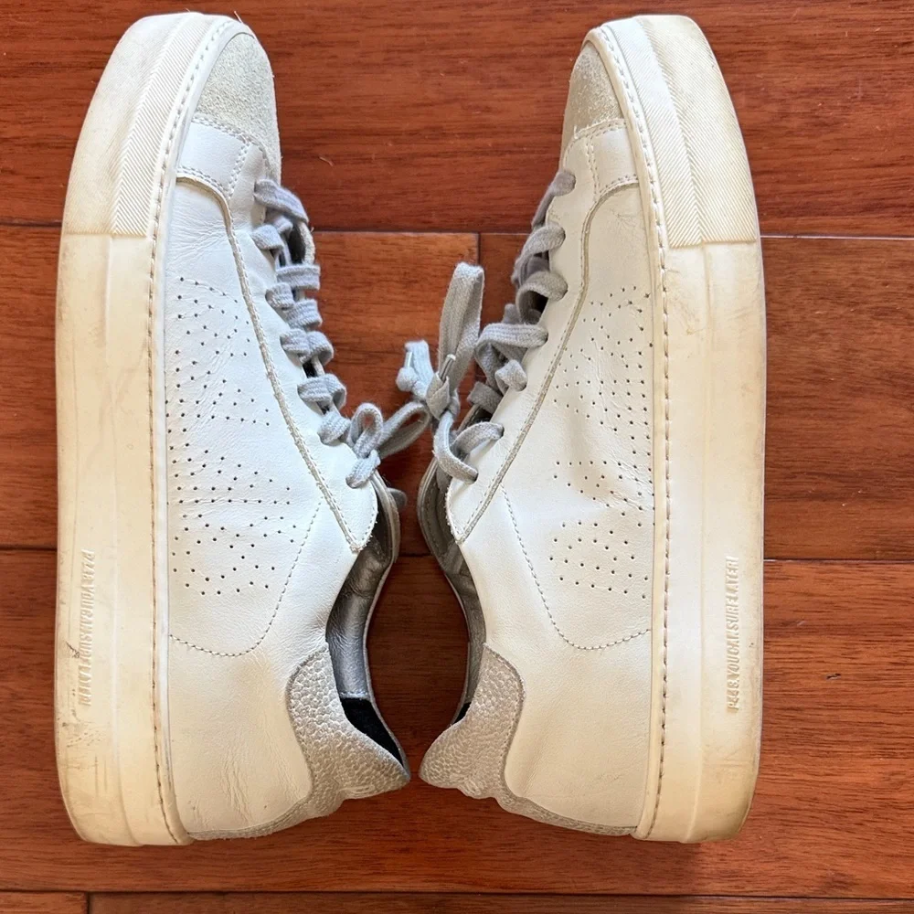 P448 John Low Top Sneakers White Leather Grey Suede Metallic Accents Size 41